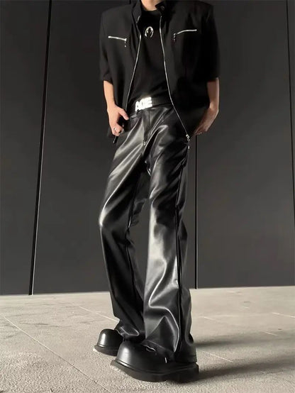 American Retro High-End PU Leather Casual Pants Men's Niche Design Loose Wide Leg Versatile Long Trousers