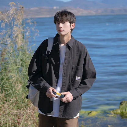 Japanese Series Men's Shirts Casual Vintage Cargo Jacket Top Spring Autumn Solid Blouses Single Breasted Male Clothes Streetwear