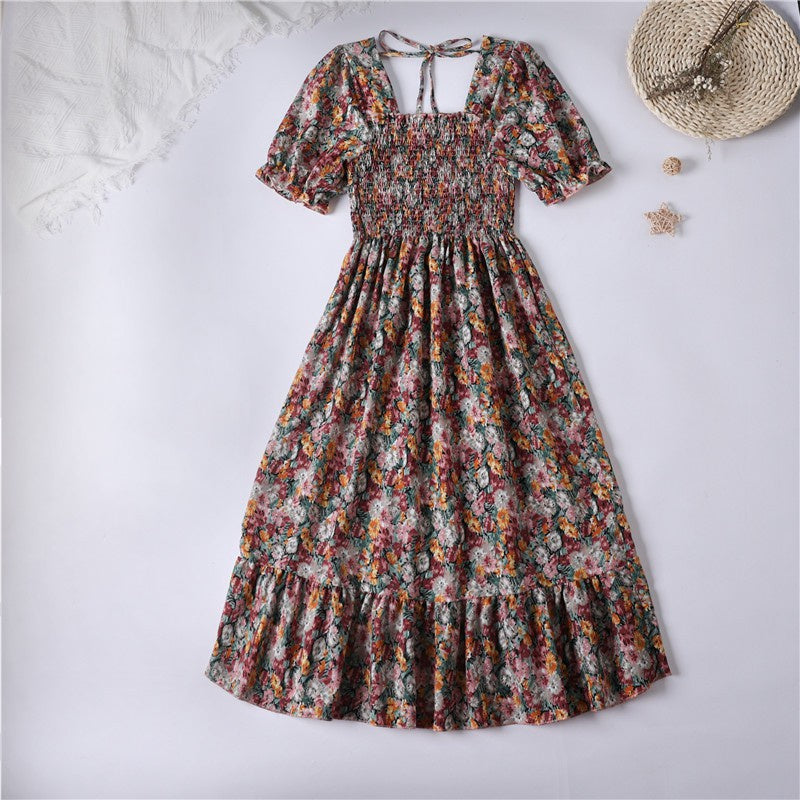 Summer Pleated Women Chiffon Dresses Casual Beach Holiday Short Sleeve Square Co