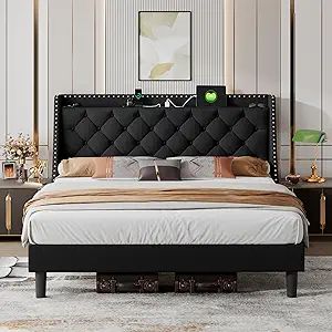 iPormis Velvet King Bed Frame with 16" Comfort Wingback & USB & Charging Station, Upholstered Platform Bed with Button Tufted St