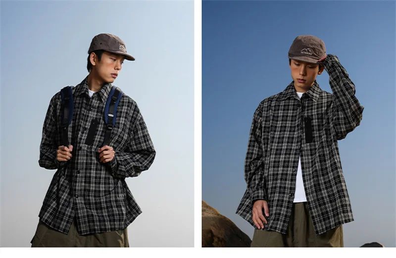 Autumn Y2K Vintage Plaid Shirts For Men Long Sleeve Button Up Blouse Korean Fashion Zip Pocket Cargo Shirt Streetwear Clothes