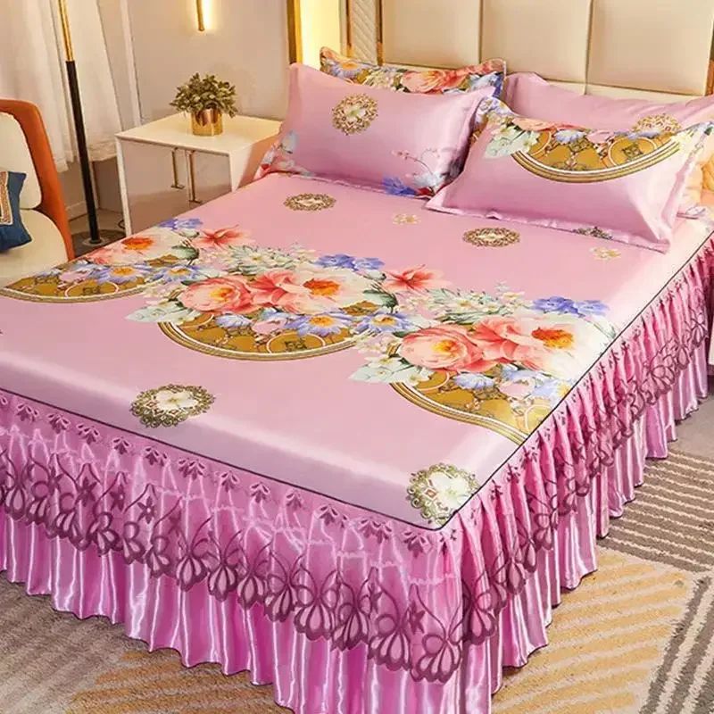 Kit 3 Peças de Lençol de Casal com Renda Clássica Azul Royal, Saia para Cama, Colcha de Casamento Lavável à Máquina, Capa de Colchão