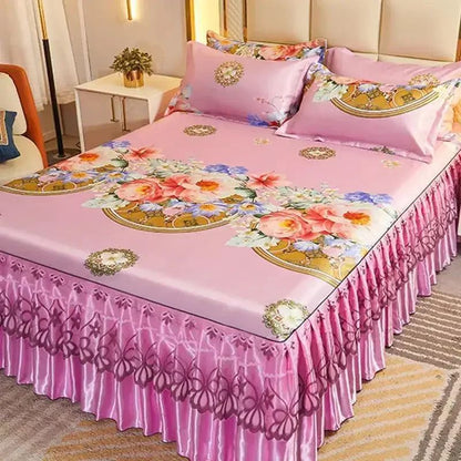 Kit 3 Peças de Lençol de Casal com Renda Clássica Azul Royal, Saia para Cama, Colcha de Casamento Lavável à Máquina, Capa de Colchão