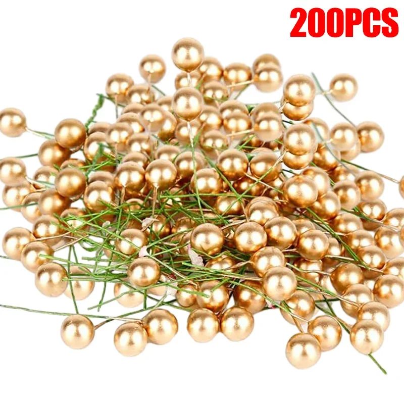5-100Pcs Artificial Holly Berry Green Leaves Christmas Ornaments Gold Red Holly Berry Stems Xmas Tree Wreath Gifts Party Decor