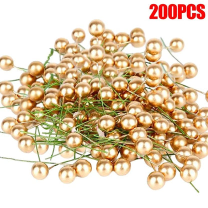 5-100Pcs Artificial Holly Berry Green Leaves Christmas Ornaments Gold Red Holly Berry Stems Xmas Tree Wreath Gifts Party Decor