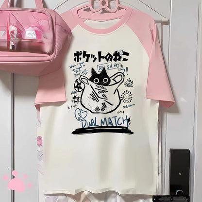 Aesthetics Japanese Grunge T-shirt Y2k Harajuku Anime Cartoon Cat Tops Tees Short Sleeve Women Kawaii Clothing Streetwear