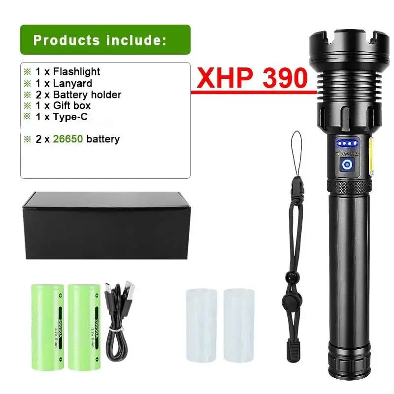 2025 New 15000mAh XHP390 Flashlights 10000000LM Ultra Powerful Flashlight Zoom USB Rechargeable Lantern Outdoor Camping Torch