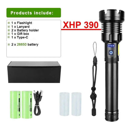 2025 New 15000mAh XHP390 Flashlights 10000000LM Ultra Powerful Flashlight Zoom USB Rechargeable Lantern Outdoor Camping Torch