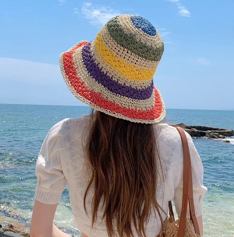 Rainbow Straw Hat Woman Summer Sun Visor Handmade Crochet Big Brim Bucket Hat Ladies Beach Sun Cap Boho Lady Girls Fashion Caps