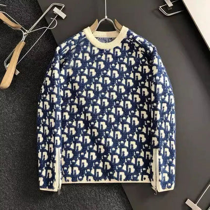 Autumn Winter CD Letter Full Print Embroidery Men's round Neck Knitted Wool Sweater Casual Long Sleeve Sweatshirt