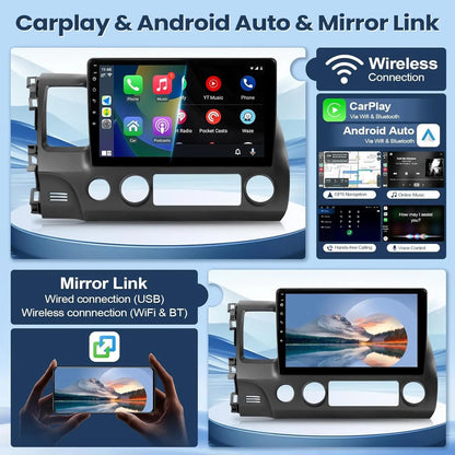 Suporte de Rádio Estéreo para Carro CarPlay e Android Auto Sem Fio para Honda Civic 2006-2011 Tela Sensível ao Toque IPS de 10" Bluetooth/WiFi/Câmera Traseira