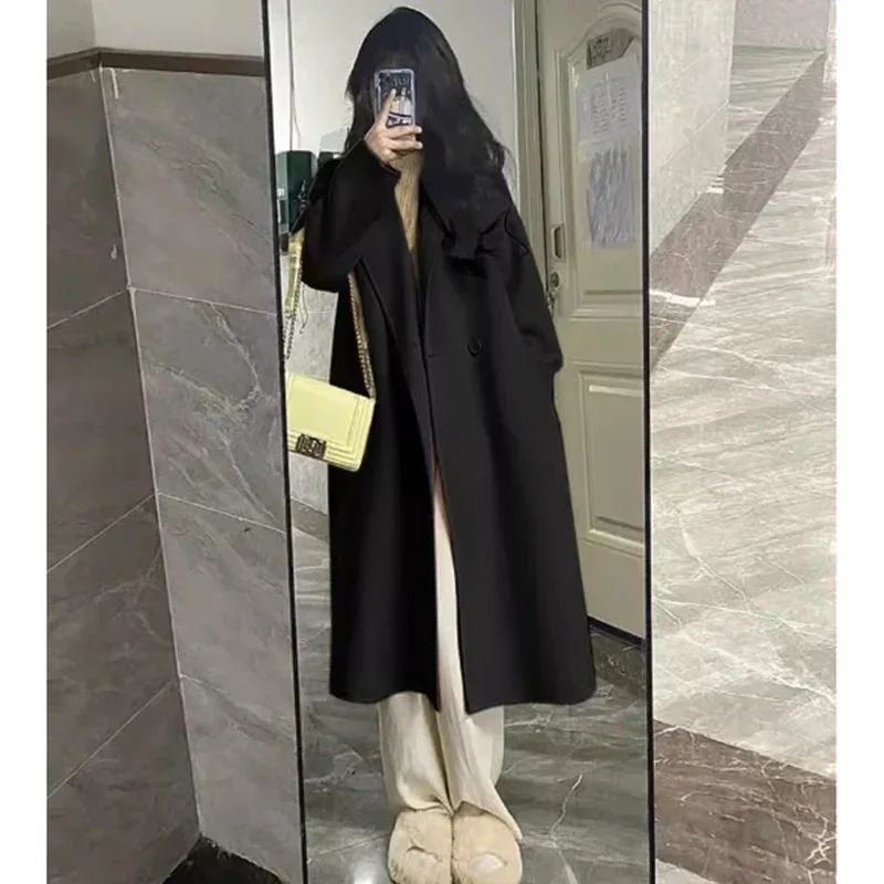 2024 New Winter Lady Lazy Style Baggy Mid-Long Thermal Woolen Coat Female Korean Version Concise Designer Versatile Coat Jackets