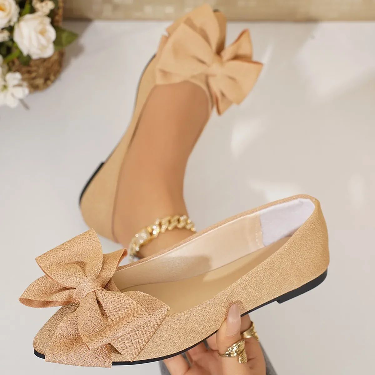 Women's Casual Flat Bottom Slip-On Shoes Spring Summer Pointed Comfortable Walking Footwear Women Bowtie Red Flats Size 43