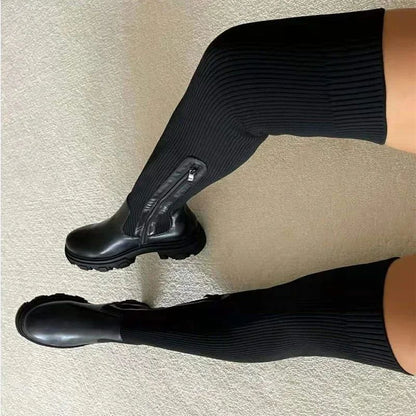 Women's Solid Color Chunky Heel Boots, Stylish Side Zipper Over The Knee Boots, Fashion Platform Long Boots