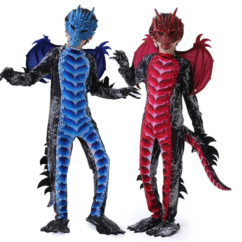 2025 New Arrival Dragon Jumpsuit With Wing And Mask Halloween Outfit Child Boys Black Blue Dragon Costume Halloween Dress Up