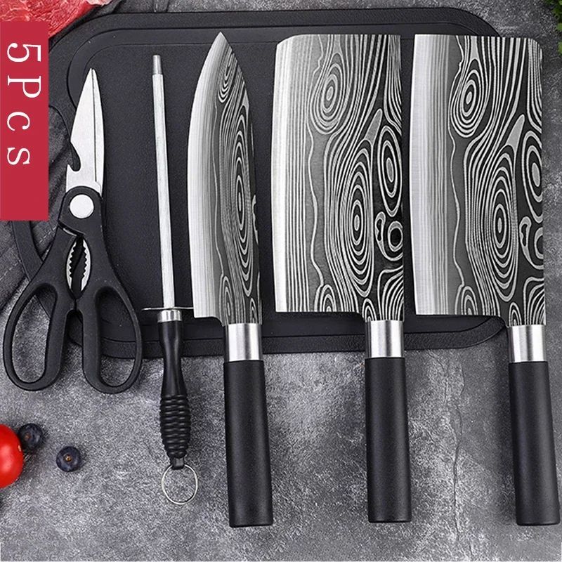 Kitchen Knives Scissors Sharpening Rod Set Laser Damascus Pattern Utility Stainless Steel Sharp Slicing Chef knife Cooking Tool