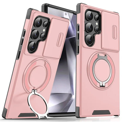Capa Armor com Suporte Magnético para Samsung S25 S24 S22 S21 S23 S20 Ultra Plus FE com Proteção de Câmera Deslizante e Antichoque