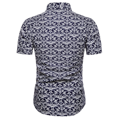 Summer New Men's Short Sleeved Shirt Thin Collar Hawaiian Style Floral Shirt Vacation Series Men's Shirt