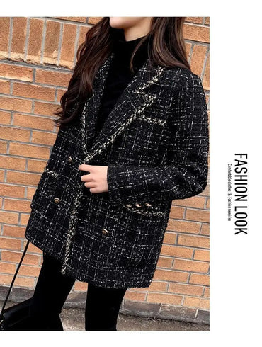 Thickened Cotton Tweed Coat for Women Spring Loose Plaid Outerwear Cozy Style Large Size Patchwork Small Suiting