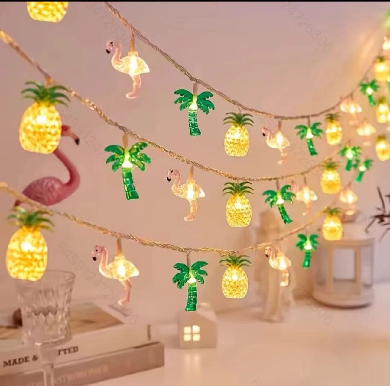 1.5m Summer Hawaii Light String Pineapple Flamingo Tropical Coconut Tree Hangings Happy Beach Hawaiian Birthday DIY Party Decor