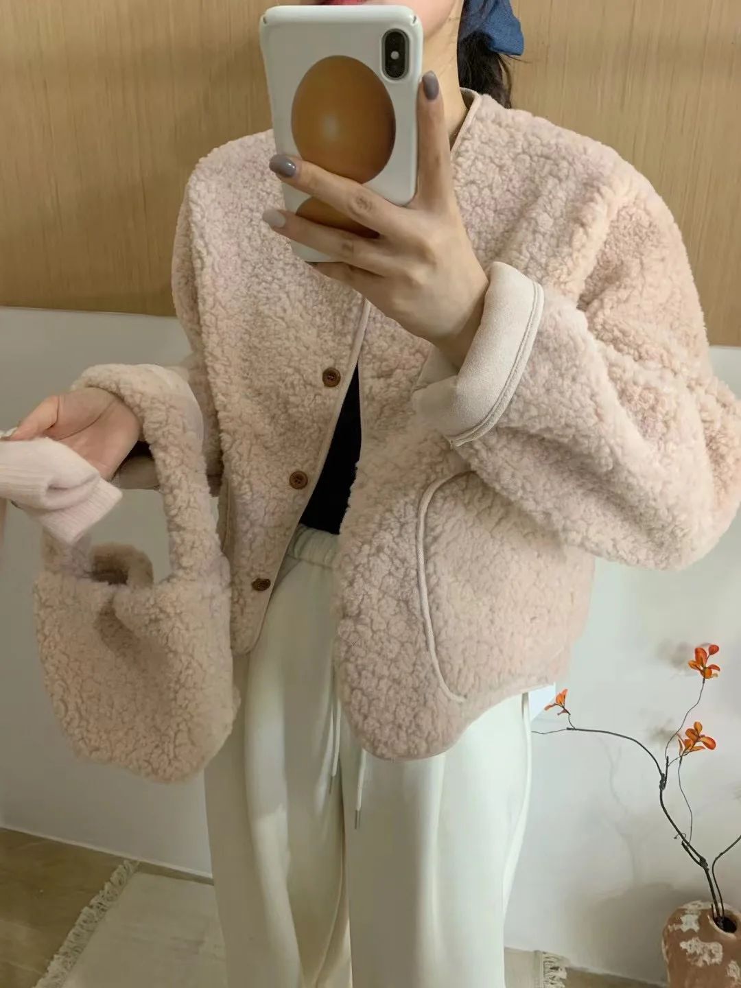 Korean Chic round Neck Single Button Loose Lamb Fur Jacket Winter Elegant Fashion Small Size with Bag Matching Women's Coat