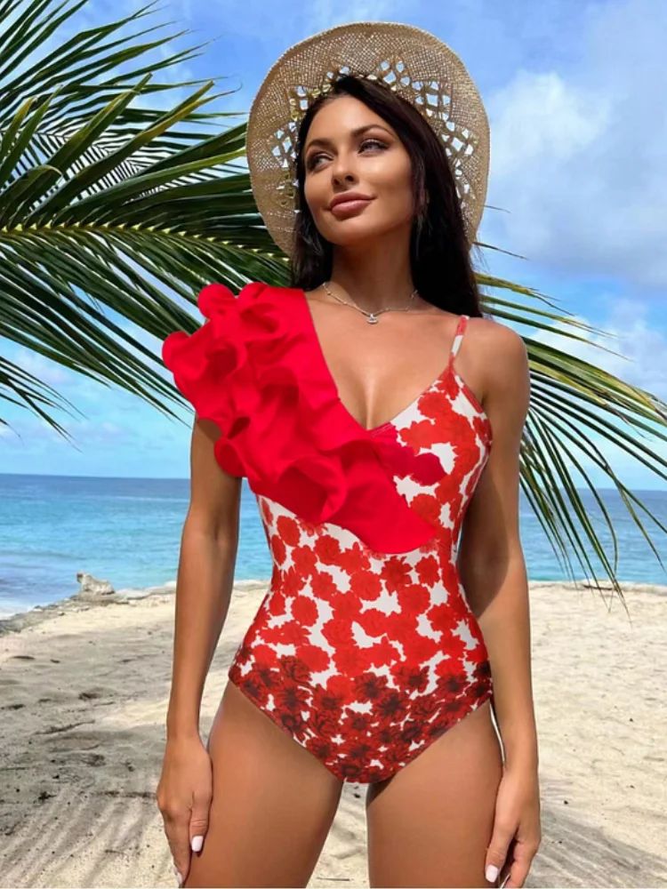 2024 Sexy Red 3D Ruffle Flower One Piece and Skirt set Swimwear beachwear Party Dress  Clearance Wholesale
