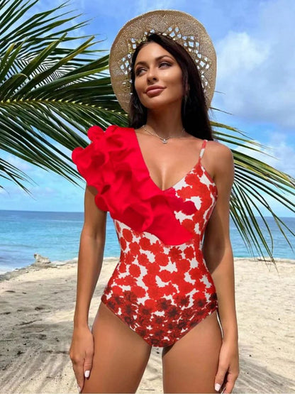 2024 Sexy Red 3D Ruffle Flower One Piece and Skirt set Swimwear beachwear Party Dress  Clearance Wholesale