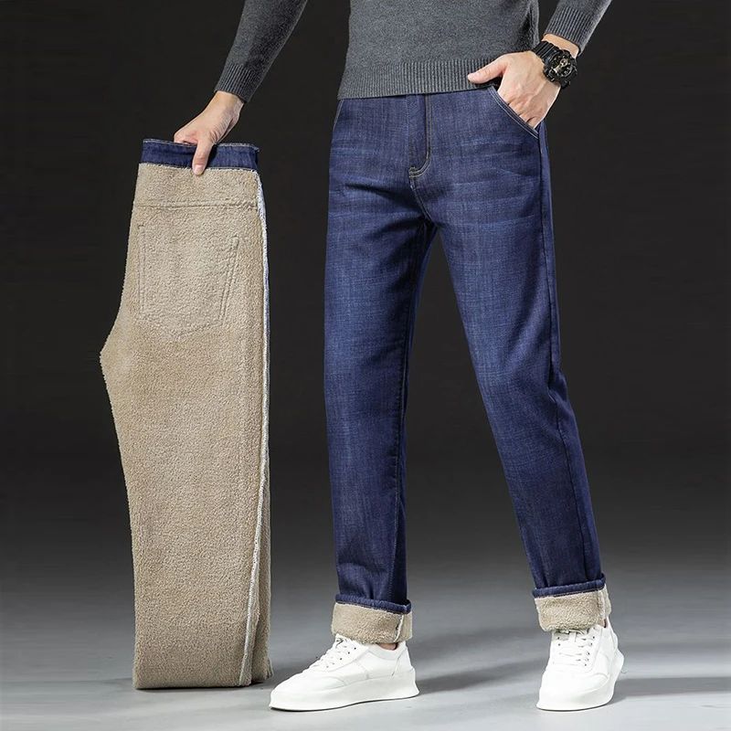 Calça Jeans Masculina de Inverno Forrada com Lã Grossa Calça Jeans Masculina de Cintura Solta Reta Slim Fit Calça Social Casual Confortável