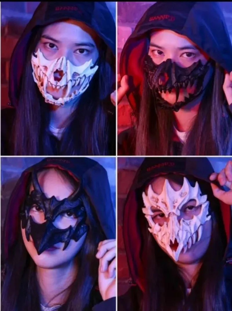 Party Skull Mask Long Teeth Demon Skeleton Half Face Mask Wolf Dragon Tiger Houjuu Nue Mask Cosplay Halloween Costume Props