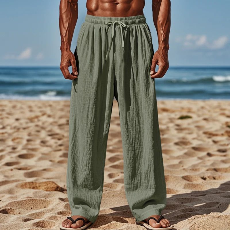 Calça Casual Masculina de Linho com Elástico na Cintura, Calça de Praia Leve com Cordão, Calça de Yoga de Verão Cor Sólida, Calça de Praia