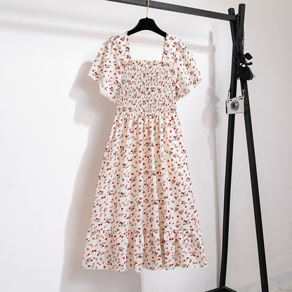 Spring Summer Chiffon Dress Women Midi DressesFemale Short Sleeve Elastic Waist