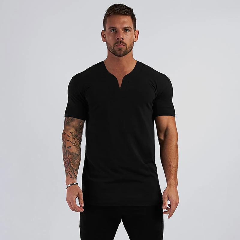 Elastic Slim Fit Summer Cool Quick Dry T-Shirts Mens Running Short Sleeve V-neck Shirts Gym Bodybuilding Fitness Muscle Clothing