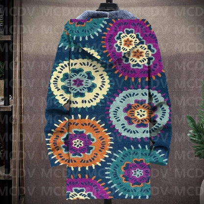 Men's Retro Flower Print Plush Thick Long-Sleeved Coat Fleece Hooded Overcoat Unisex Thick Warm Jacket-12 style