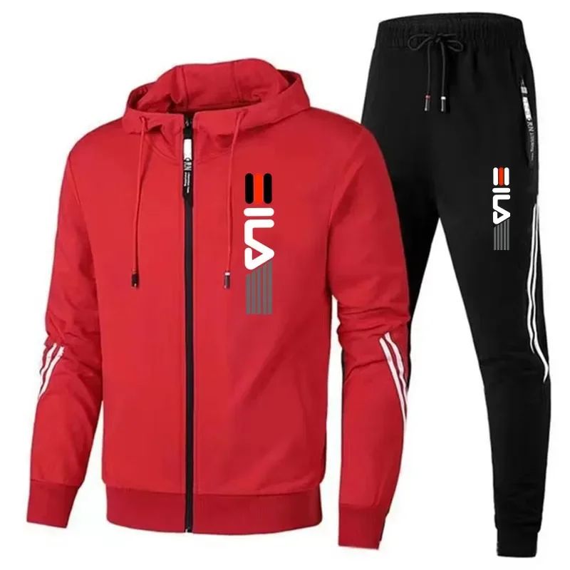 New striped men's autumn and winter jogging fitness set, casual sportswear set, 2-piece zippered sweatshirt + sweatpants set