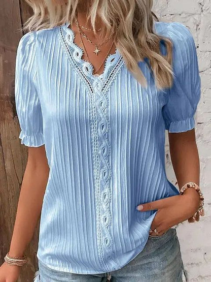 2025 Summer New Women's Blouse Top Solid Sexy V-Neck Hollow Short Sleeve Fashion Splice Plus Size Loose Street Apparel Shirt