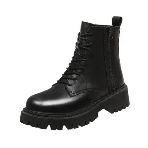 Autumn new mid length Boots Black anti slip trendy Footwear  Fashion laceup boots Ladies thick heeled casual shoes Botas Zapatos
