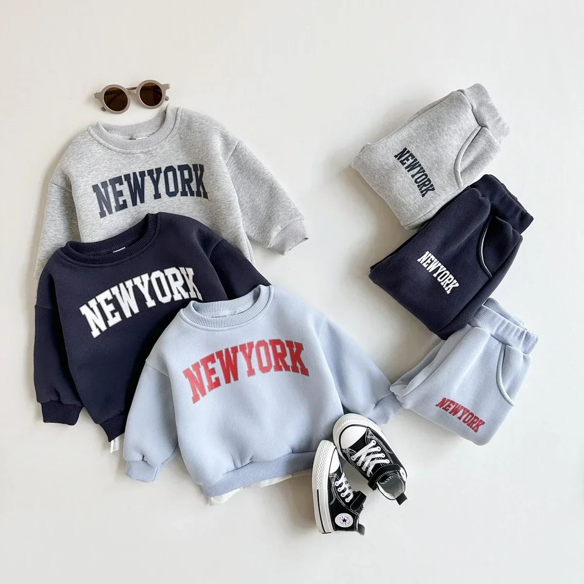 2 Peças Conjunto Roupa Bebê Meninos Meninas Estampa NewYork Top Esportivo Calça Terno Moletom Inverno Roupa Criança Recém-nascido Grosso