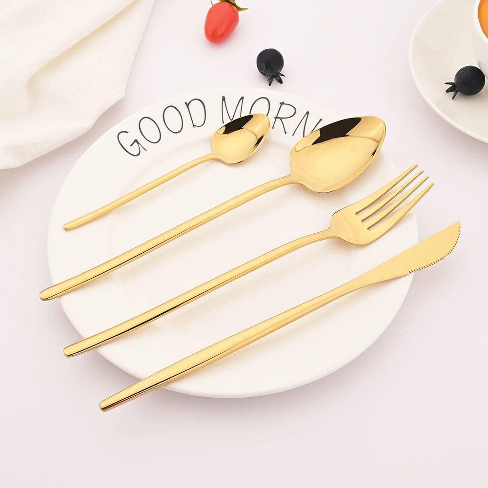 4Pcs Black Gold Dinnerware Tableware Set Mirror Stainless Steel Cutlery Kitchen Knife Fork Spoon Restaurant Wedding Flatware Set