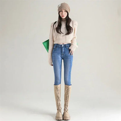 Winter Women Chic Fleece Thermal High Waist Jeans Lady Snow Warm Plush Denim Pants Girls Classic Fashion Straight Leg Trousers