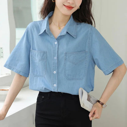 Vintageblueshort Sleeves Thin Denim Shirt 2024 Summer New Casual Loose-Fit Hong Kong Style Petite Top For Women