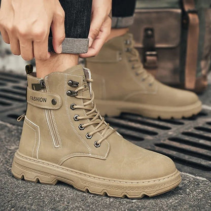 High Top Men's Shoes for Spring and Autumn, New Anti Slip and Waterproof Desert Boots Outdoor Zipper Hiking Shoes Work Boots