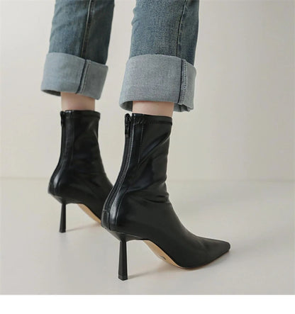 2024 New Autumn Winter Pointed Toe Women Ankle Boots Fashion Zipper Shoes Thin High Heel Women's Morder Short Booties D214