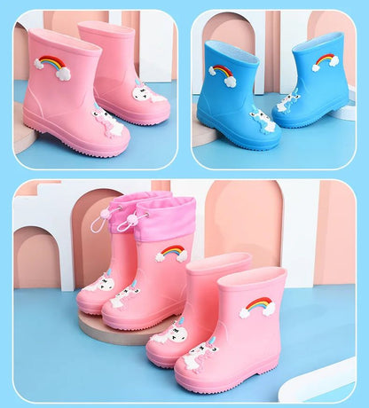 Children's Fleece-Lined Non-Slip Rain Boots For Boys And Girls Cartoon Cute Princess Style Anti-Slip Four Seasons Kids Shoes