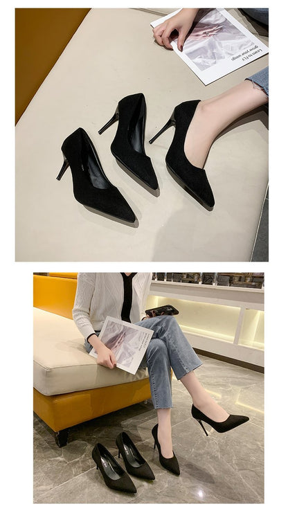 High Heels Women's New Women's Shoes Pointed Shallow Mouth Single Shoes Fine Heel Suede Black Fashion Shoes Women Large Size