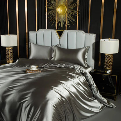 Solid Silk Bedding Set with Duvet Cover Fitted/Flat Bed Sheet Pillowcase Luxury Couple Bedsheet King Queen Double Twin Size