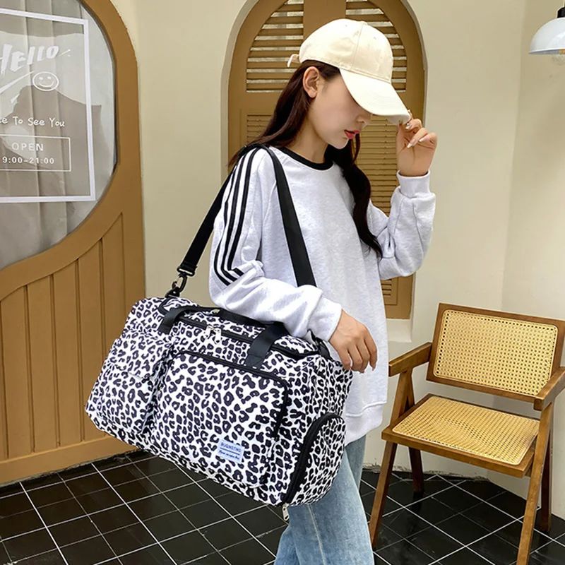 Travel Bag Women's Handbag Leopard Zebra Camouflage Waterproof Large Pull Rod Boarding Fitness Dry Wet Separation Luggage Bag