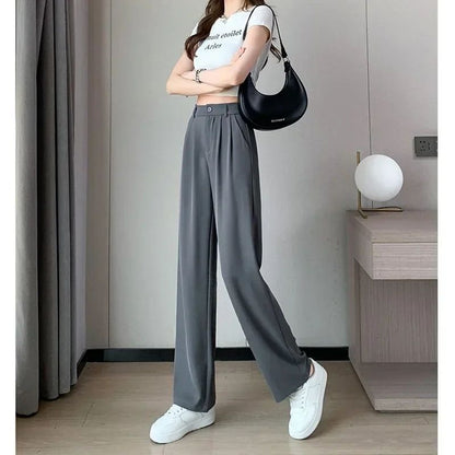 Women Full Length Pants Lady Baggy High Waist Wide Leg Solid Color Trousers Lady Straight Leg Mom Classic Office Pants Slacks