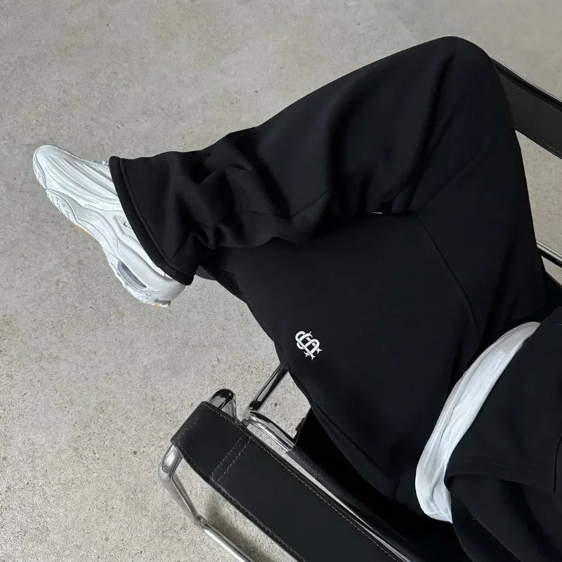 Calça Moletom Bordada Su Jogger Hip Hop Rosa Casual Cintura Elástica Masculina Americana Marinho Y2K Moeda Berlim Street Estilo Anos 2000