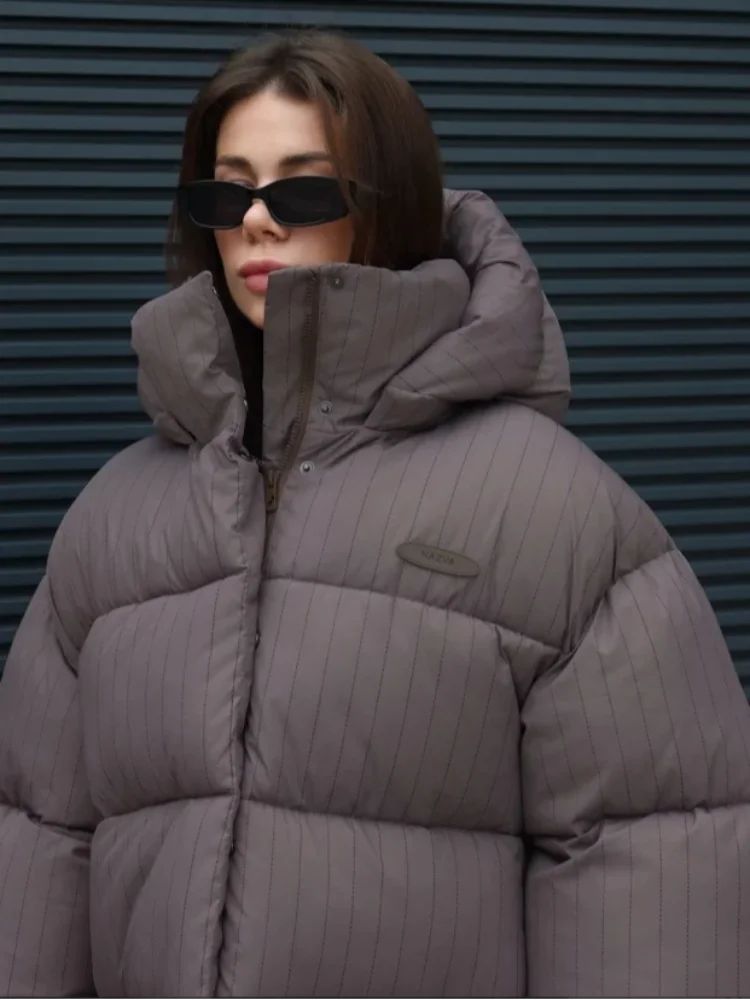 Women's Pinstripe Oversized Puffer Jacket Full Sleeve Detachable Hood Zipper Warm Coat 2025 Autumn Winter Female Casual Wear