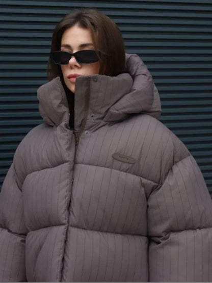 Women's Pinstripe Oversized Puffer Jacket Full Sleeve Detachable Hood Zipper Warm Coat 2025 Autumn Winter Female Casual Wear